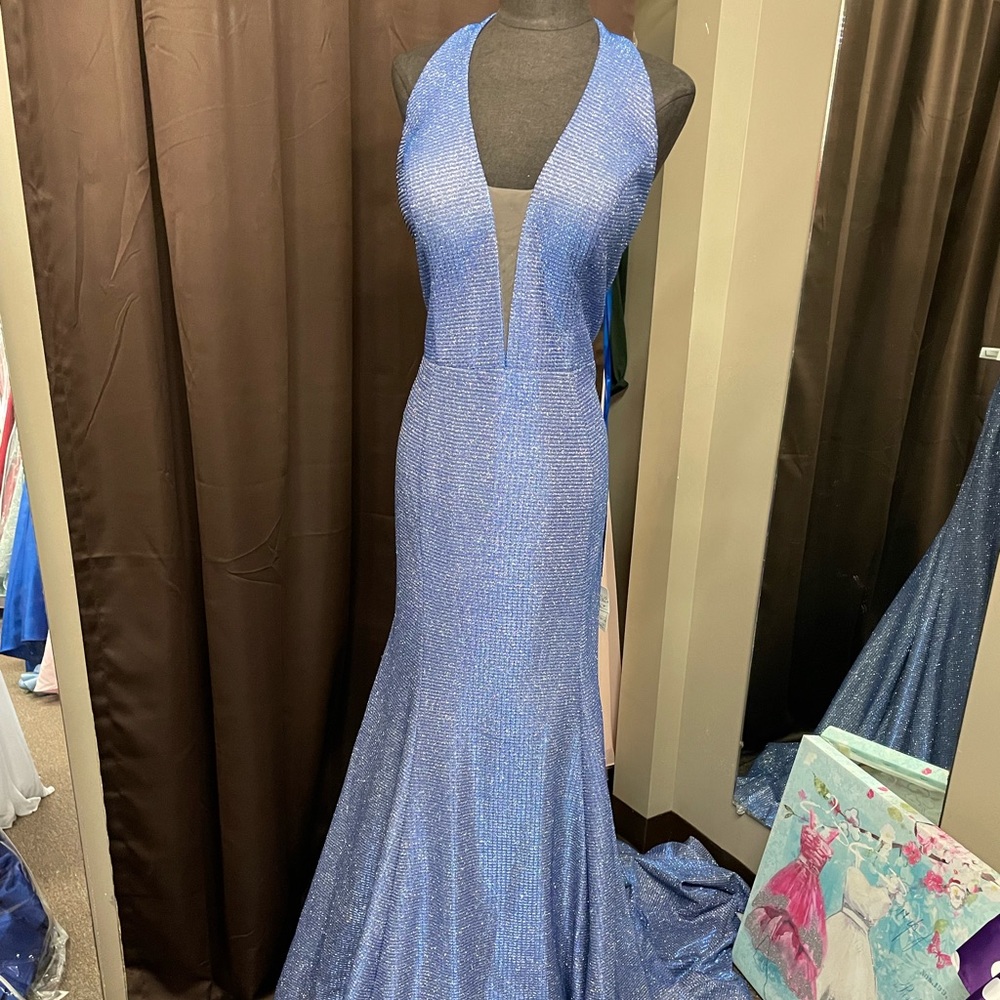 Wow $175 Halter Formal Gown By Collette Mon Cheri Blue Size 20 NEED TO SALE